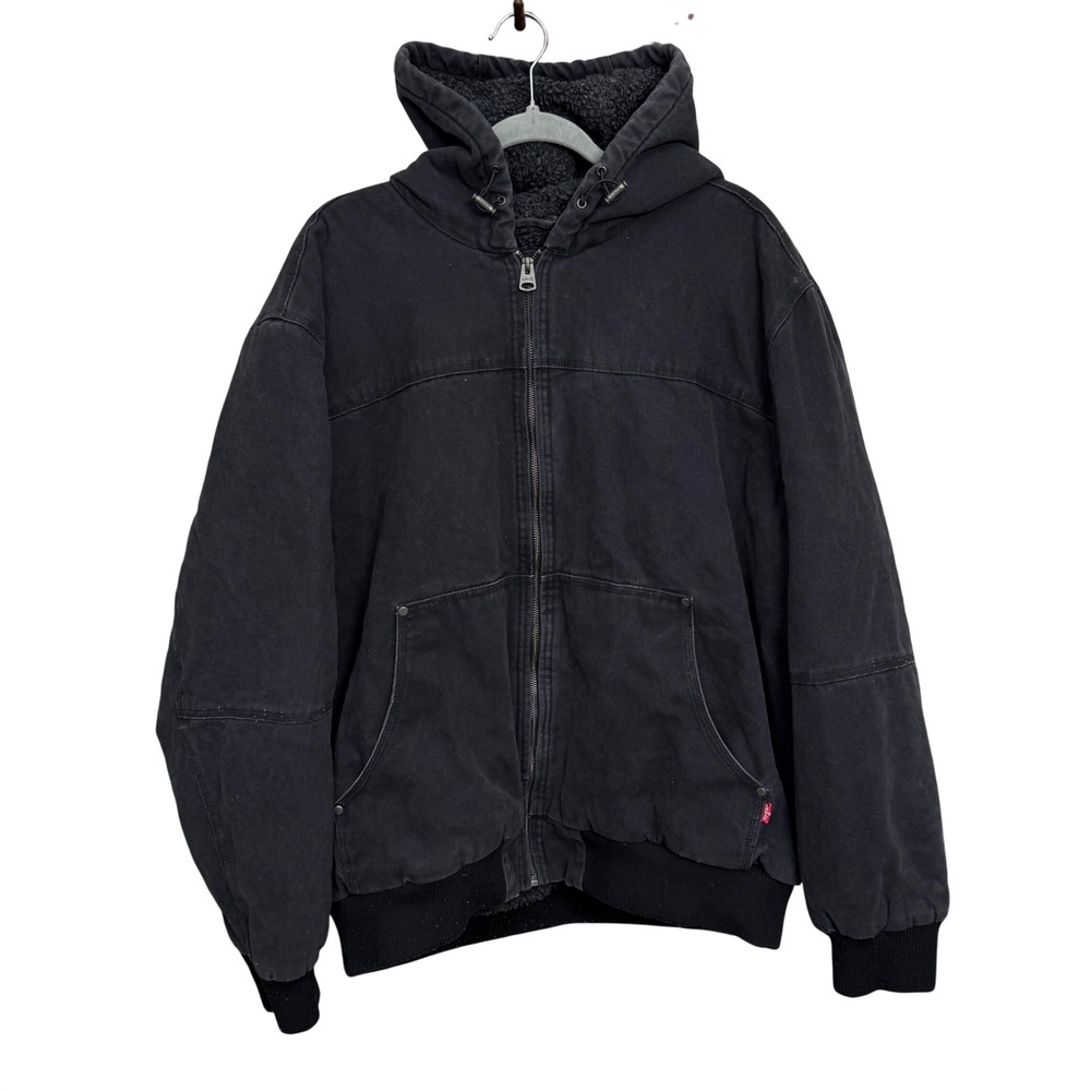 Levis Mens XXL Black Canvas Sherpa Lined Hooded Workwear Jacket Full Zip Coat